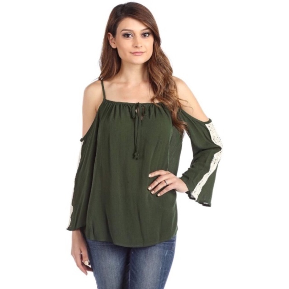 💥 SALE Crochet Lace Trim Bell Sleeve Cold Shoulder Blouse